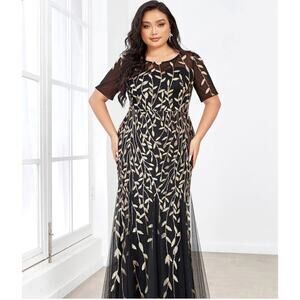 Ever Pretty formal black mermaid gown with gold leaves